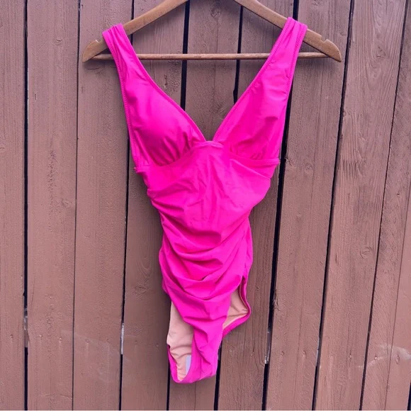 J. Crew | NWT Size 2 Ruched V Neck One Piece Fuchsia Bathing Suit Style BC116 - Picture 6 of 16